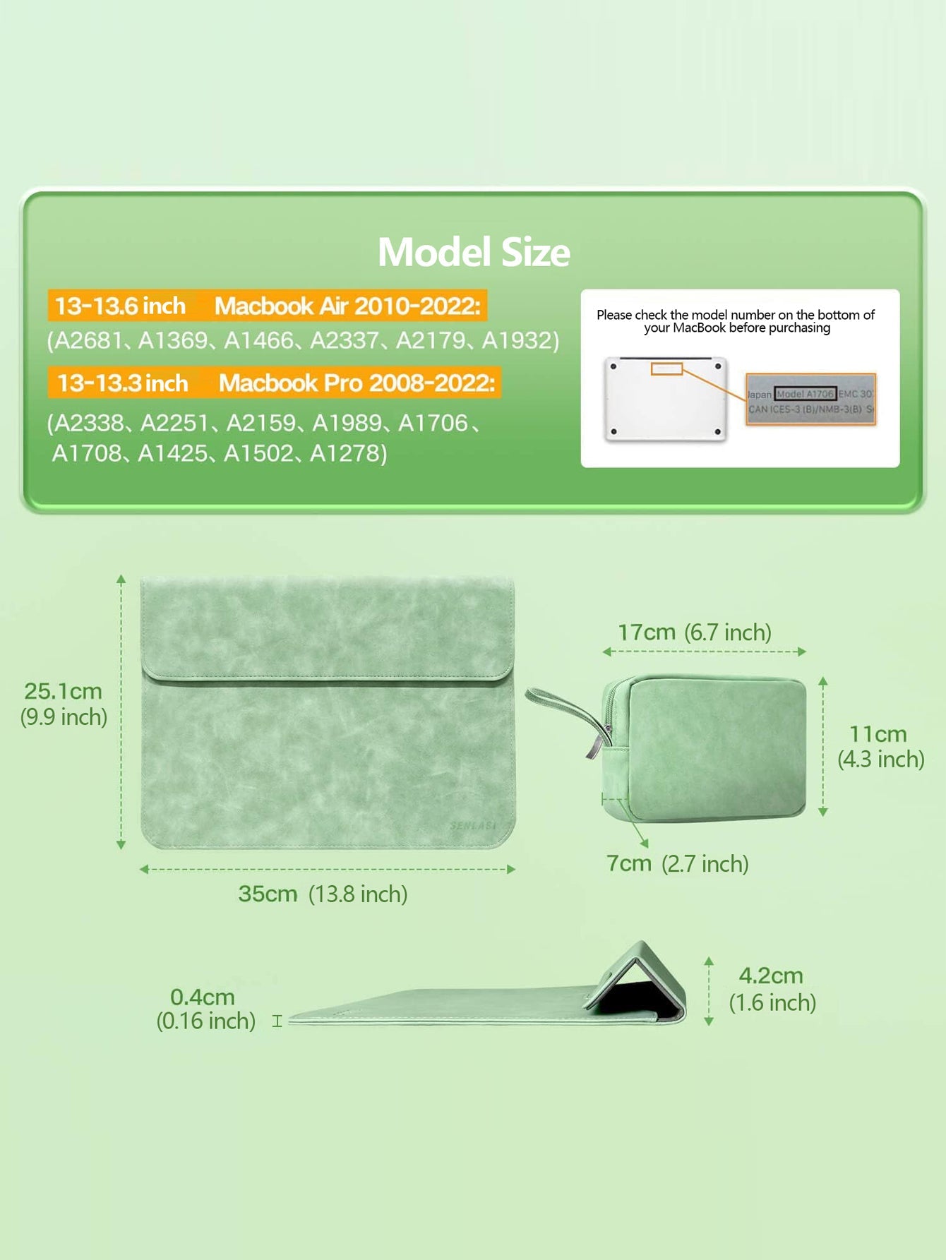 Green size guide for 13 inch MacBook Air/Pro